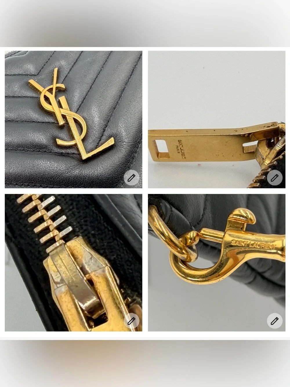 Saint Laurent Black Chevron Leather Wristlet/Clutch w/Gold YSL Logo Entrupy COA